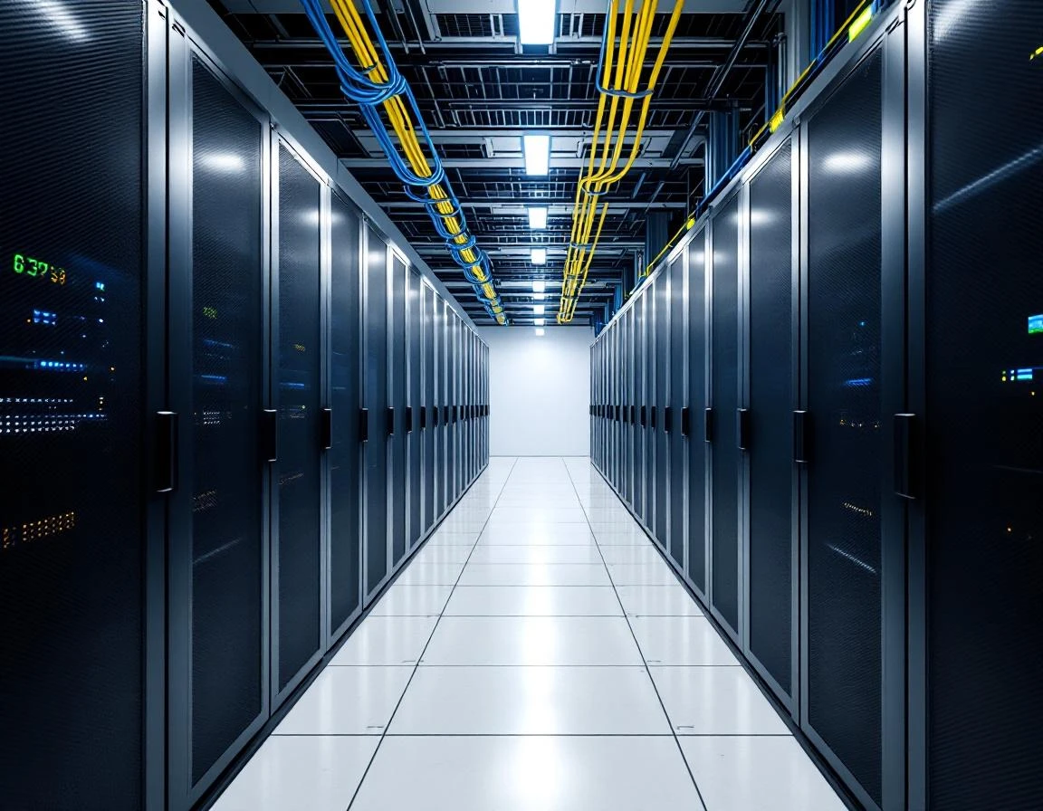 Server racks in secure data center corridor with organized cable management and industrial lighting