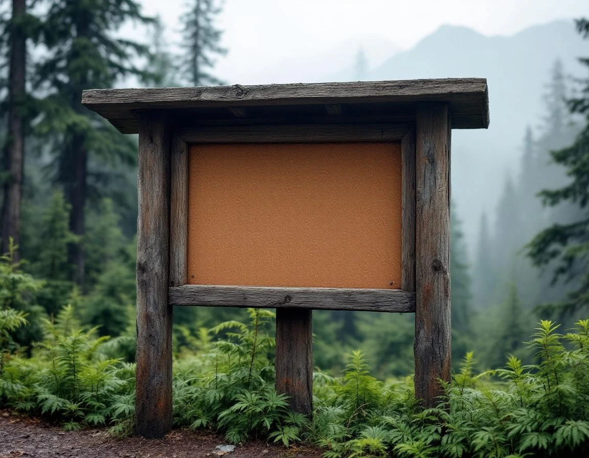 Mountain trail information kiosk in misty Pacific Northwest forest with evergreen trees and distant peaks