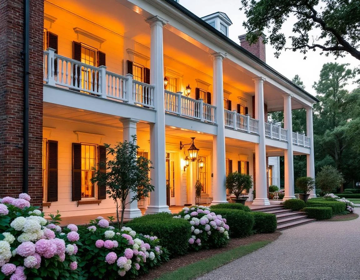 Classic white-columned Southern venue with wraparound porches and hydrangea landscaping at golden hour