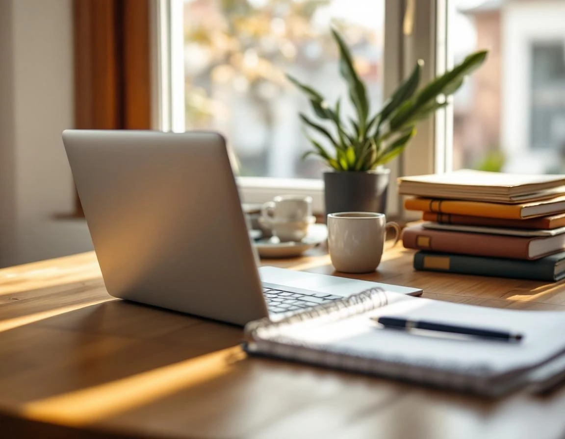 Organized workspace with laptop, notebook, and coffee mug on wooden desk in natural window light