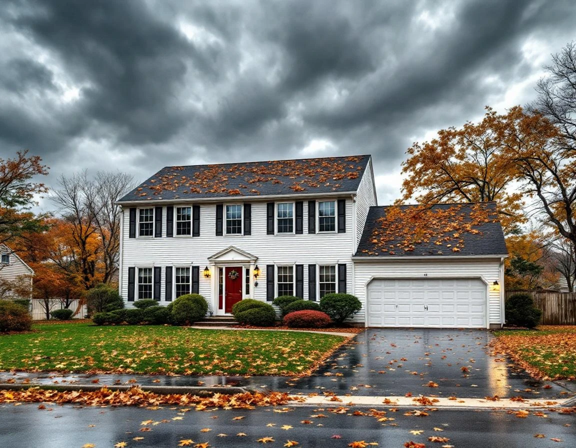 Colonial home with clean gutters under dark storm clouds as autumn winds scatter leaves across the property