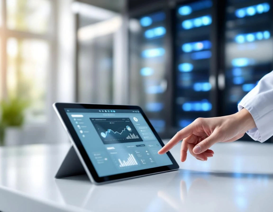 Tablet displaying medical practice dashboard on desk with server room visible through glass partition behind