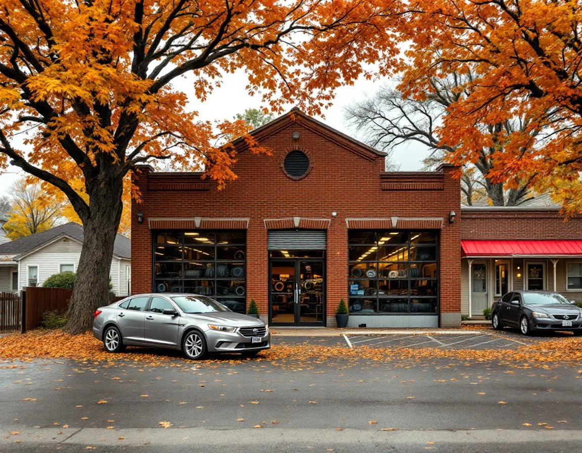 Independent tire shop in residential neighborhood with autumn foliage and customer vehicles parked outside