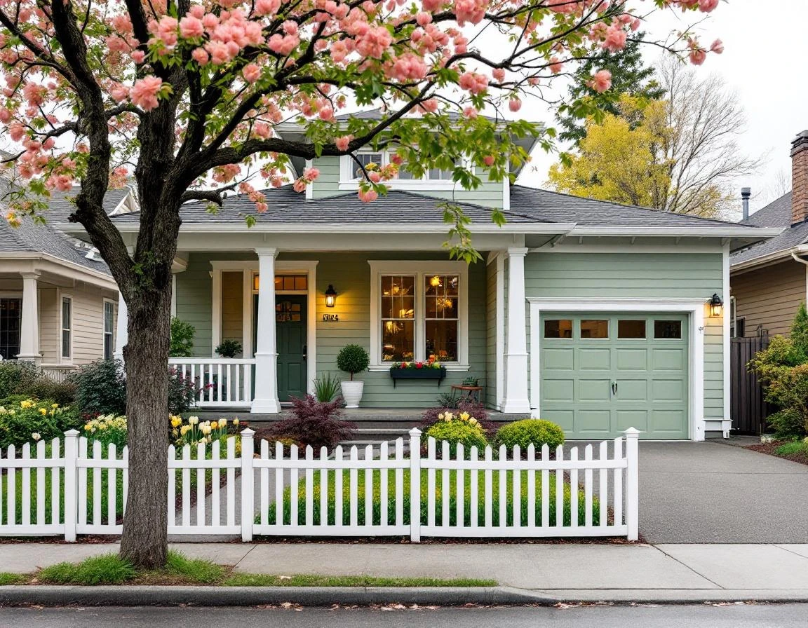 Craftsman home with spring landscaping and fresh exterior paint in Pacific Northwest neighborhood