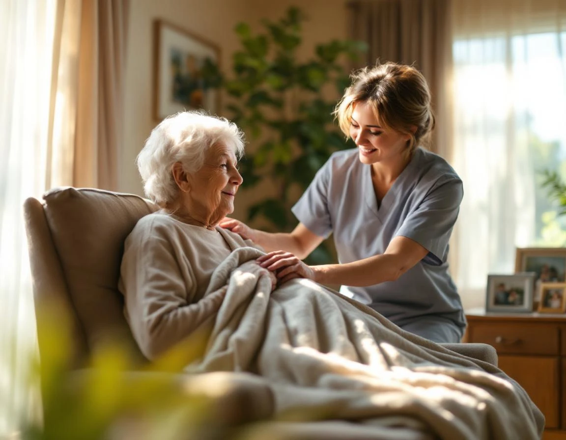Professional caregiver's hands gently arranging blanket in comfortable home setting with natural light