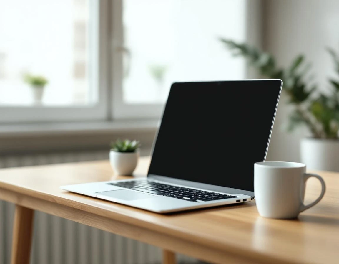 Laptop on wooden desk in natural office lighting with coffee mug and plant nearby