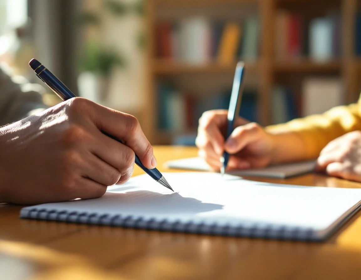 Tutor's hand guiding student through conceptual learning with blank notebook and natural lighting