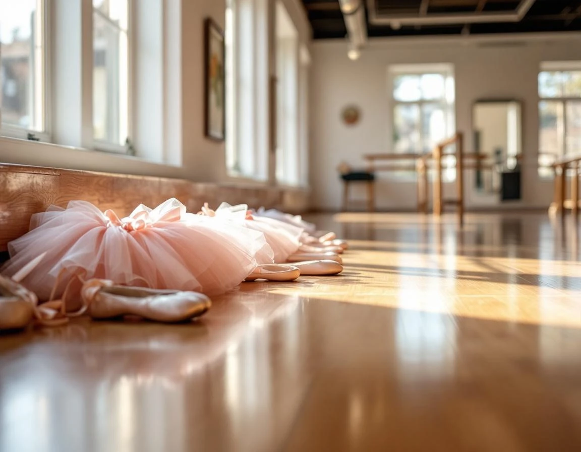 Ballet slippers and costume pieces arranged on studio bench with natural window light creating soft shadows on hardwood floor