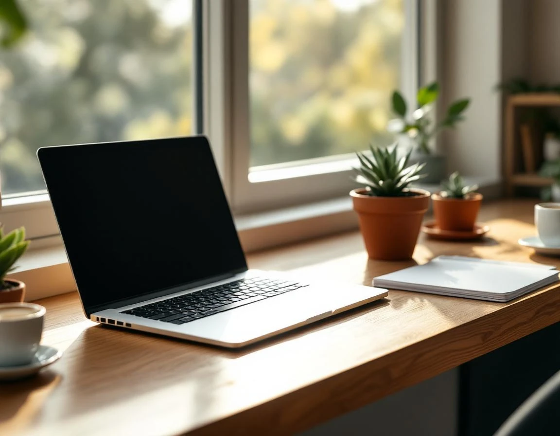 Organized desk workspace with laptop, coffee, and succulents in natural morning light