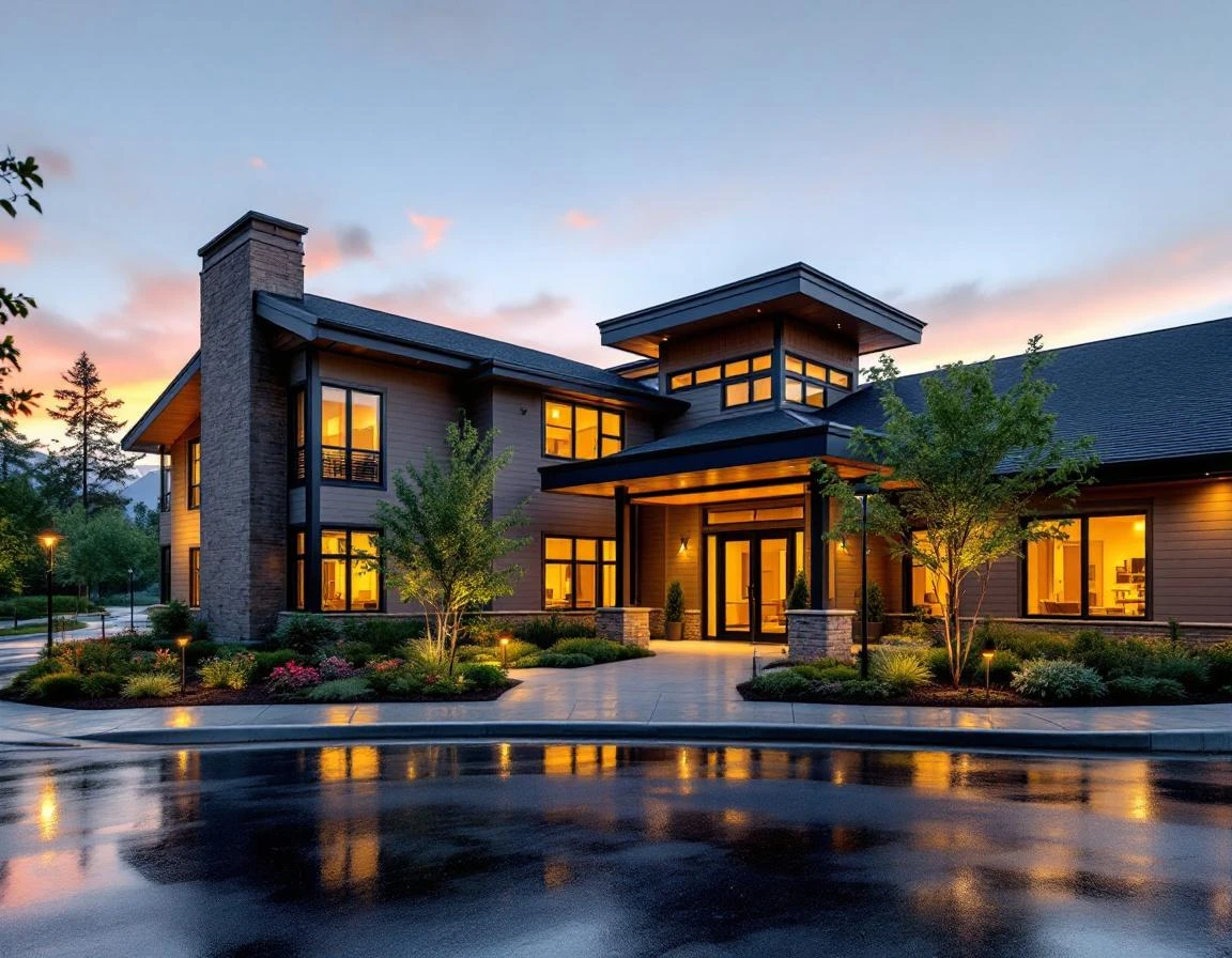 Modern assisted living facility entrance with warm interior lighting visible through large windows at dusk
