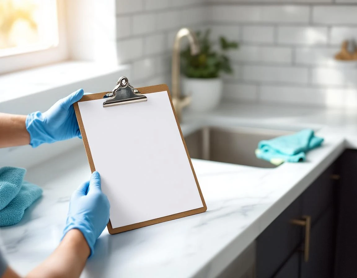 Professional cleaning supplies and documentation on modern kitchen counter with turquoise cloth and spray bottle