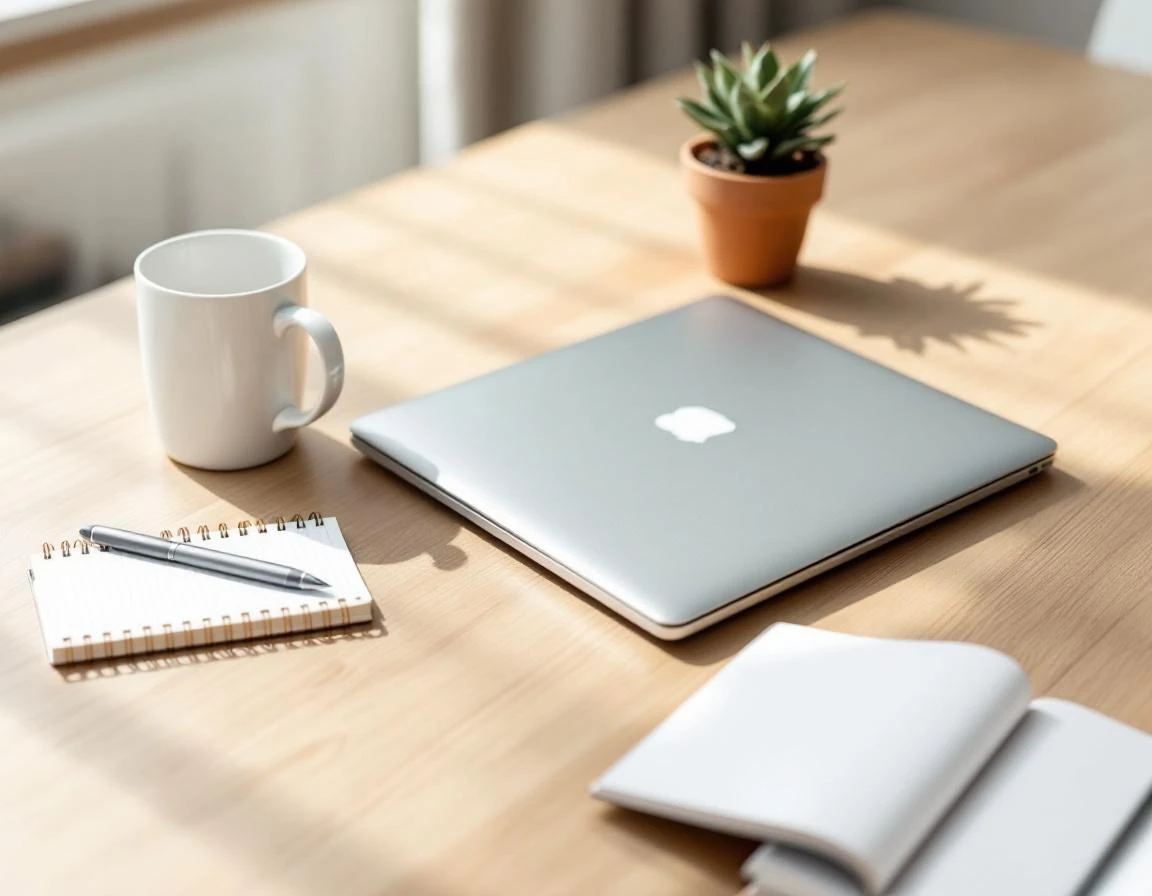 Clean workspace with laptop and notebook ready for competitive content gap analysis research