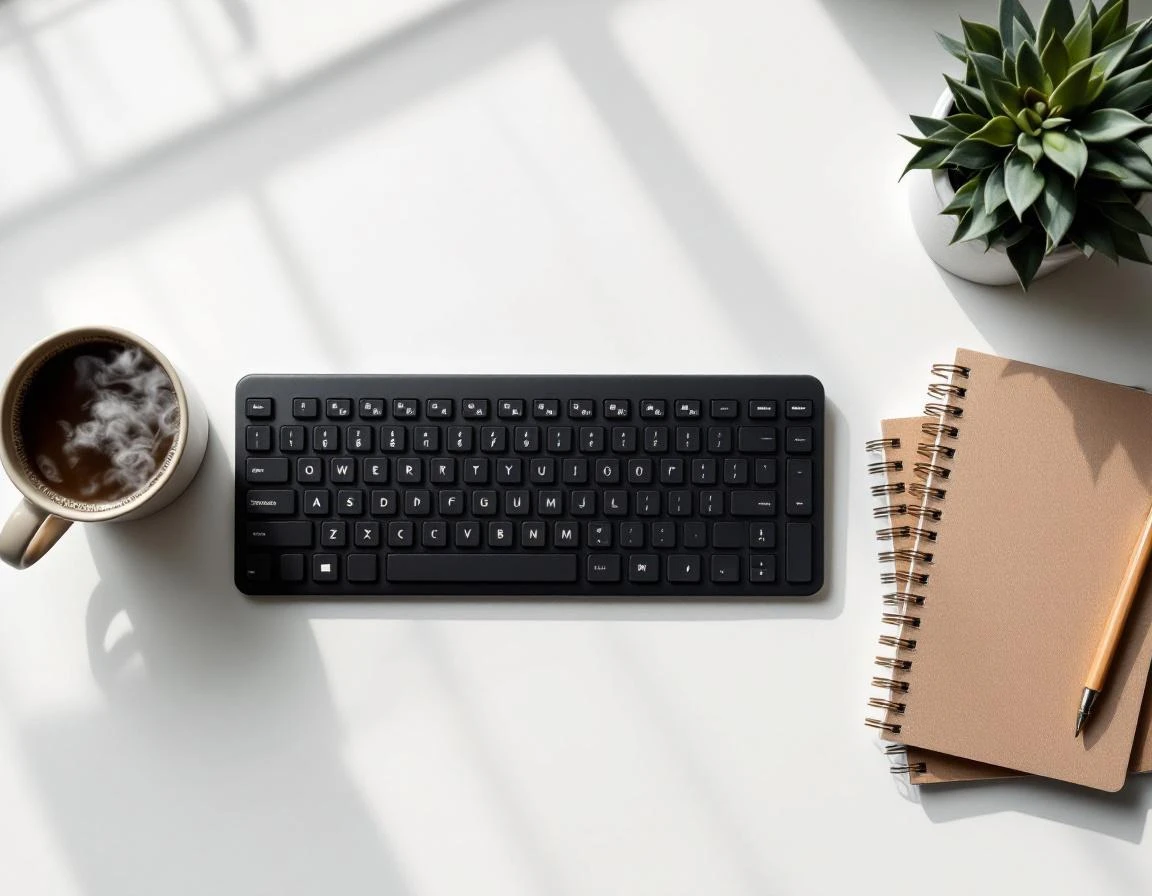 Clean desk workspace with keyboard, notebooks, coffee mug, and succulent plant in natural morning light