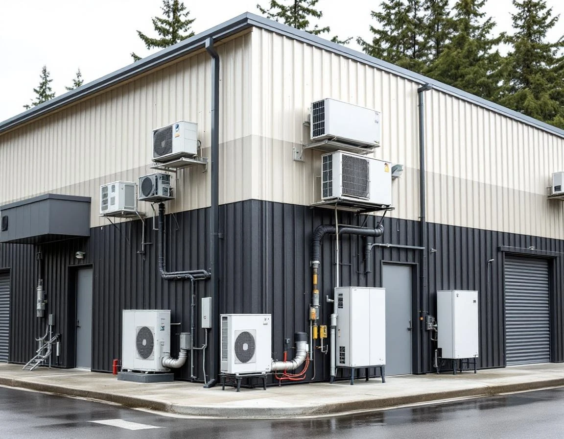 Modern self-storage facility with visible climate control HVAC units mounted on exterior walls