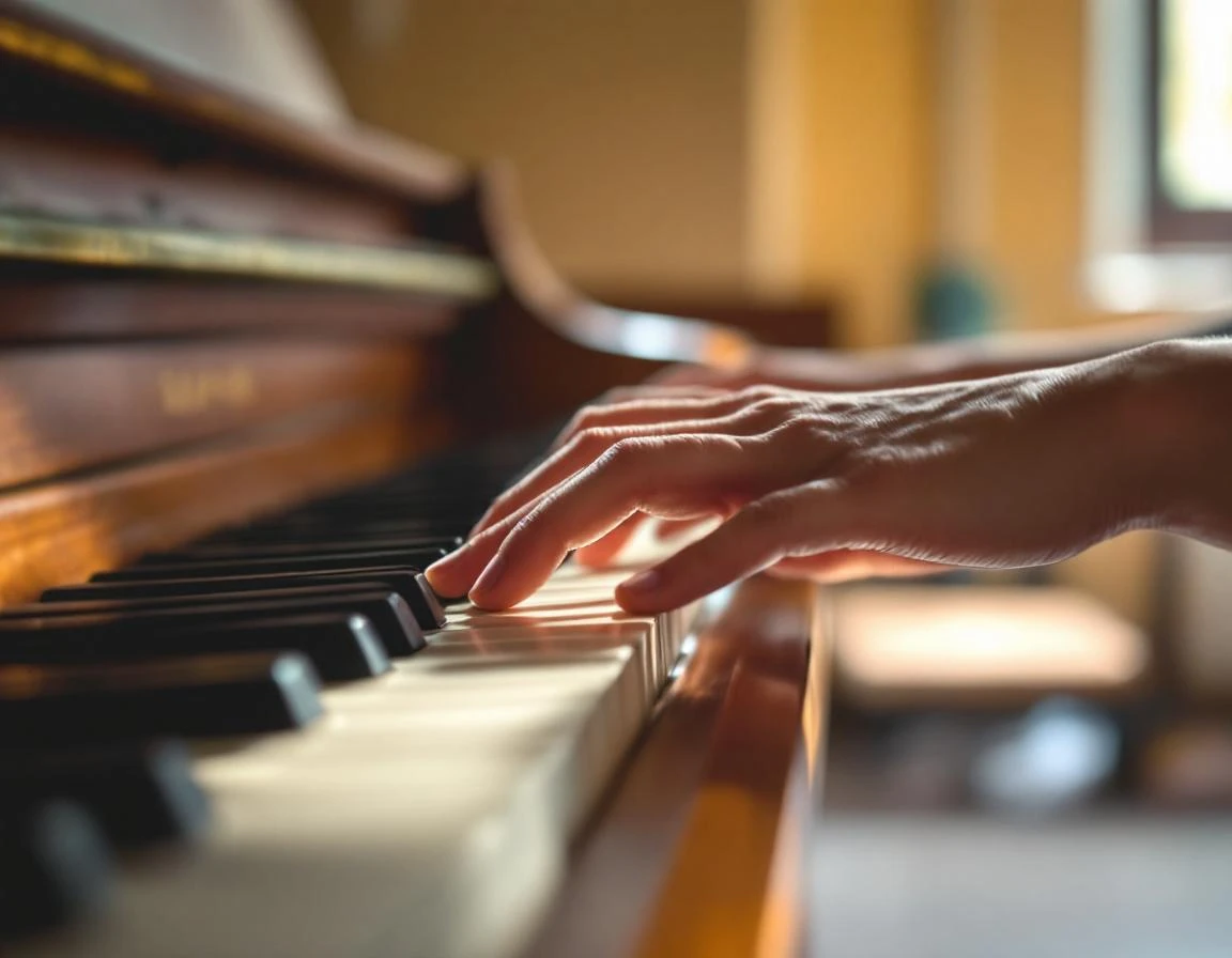 Close-up of hands practicing piano keys with natural window lighting in a music studio