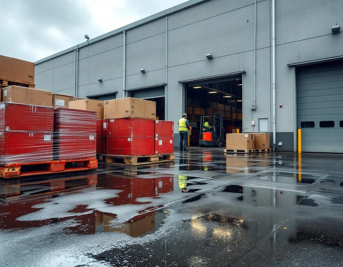 Commercial warehouse loading dock with cargo boxes and forklift operator during overcast weather conditions