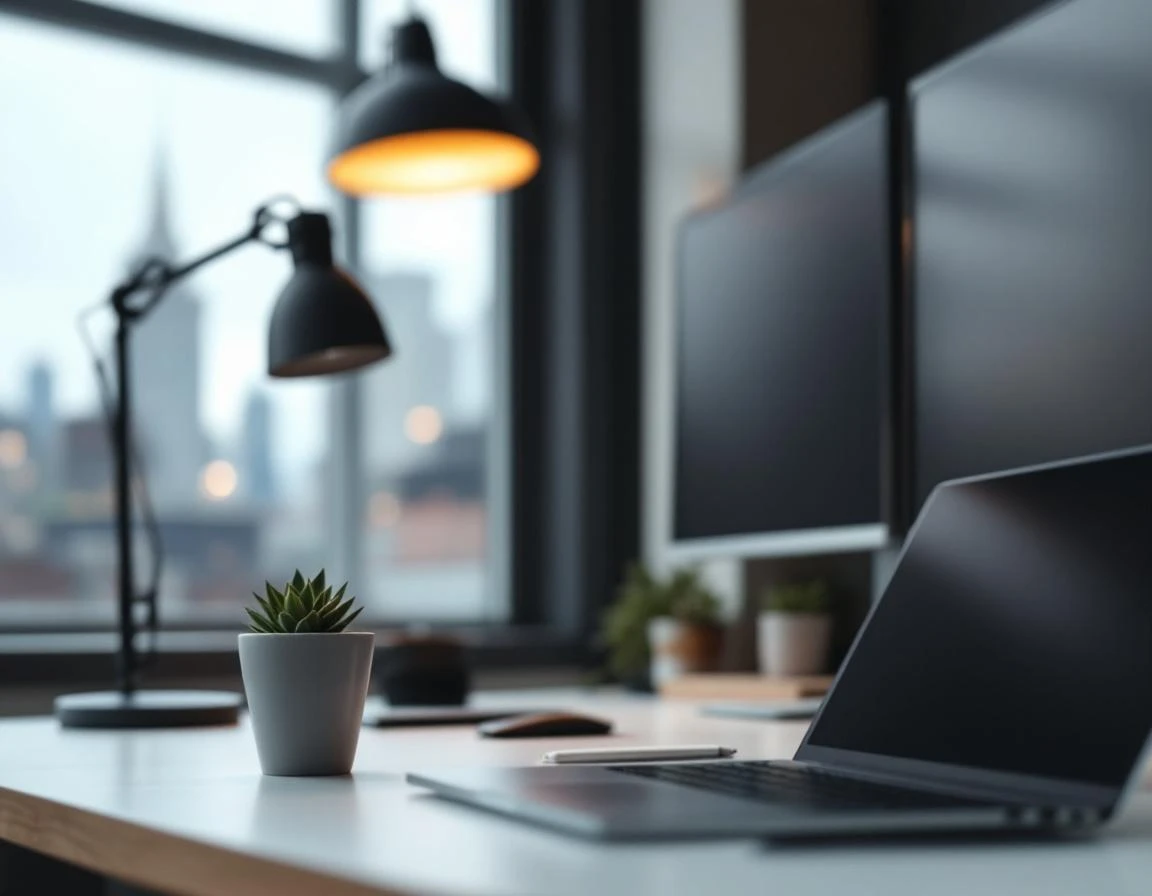 Developer workspace with closed laptop, coffee, and Portland skyline visible through windows