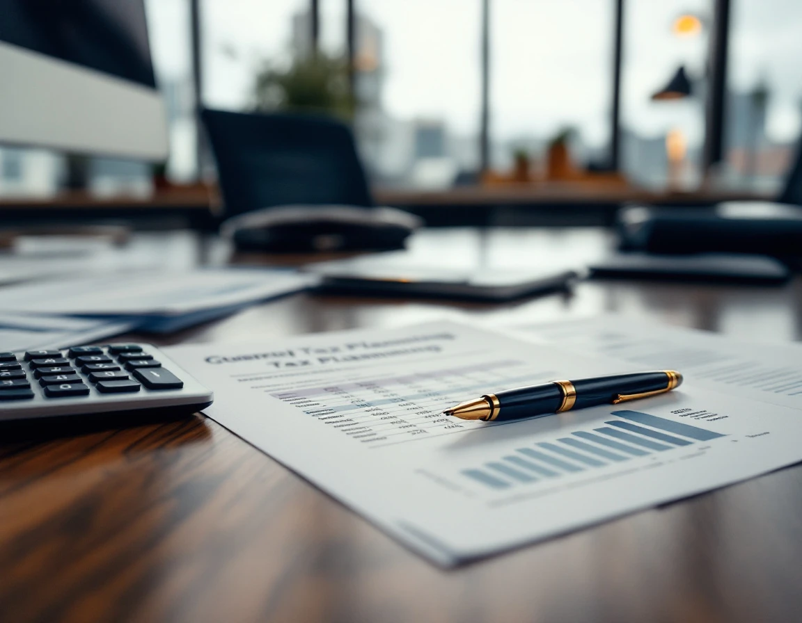 Financial planning documents and calculator on advisor's desk with natural office lighting