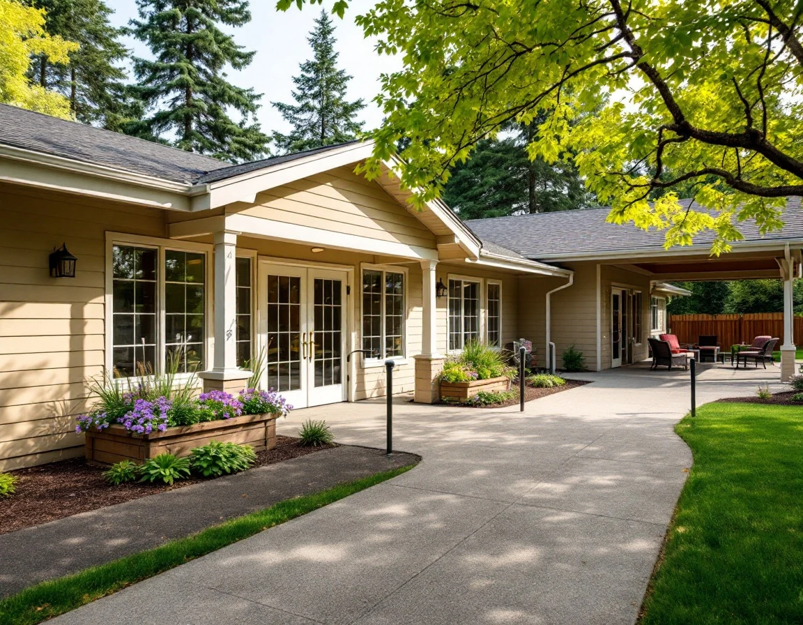 Memory care facility exterior with accessible entrance, mature landscaping, and covered outdoor seating areas