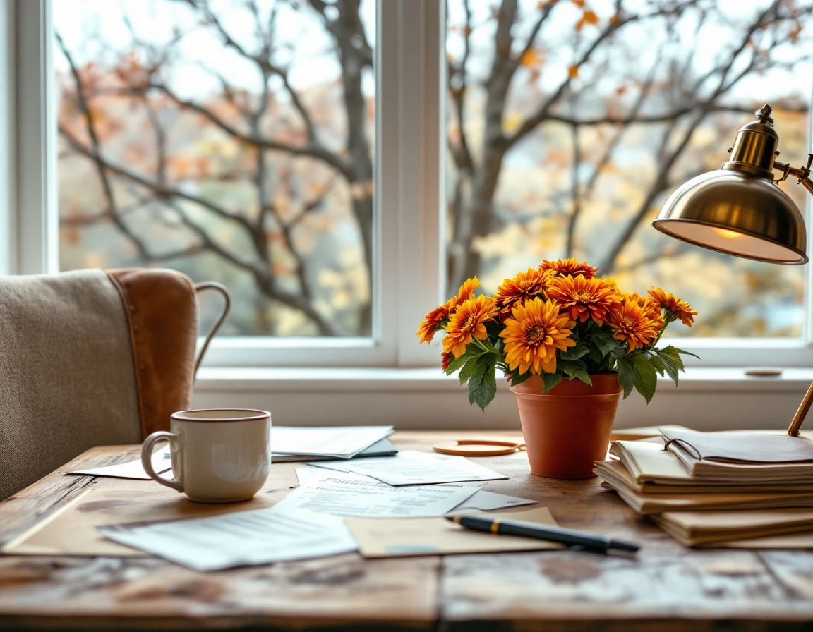Veterinary clinic workspace with autumn elements and patient education materials on oak desk