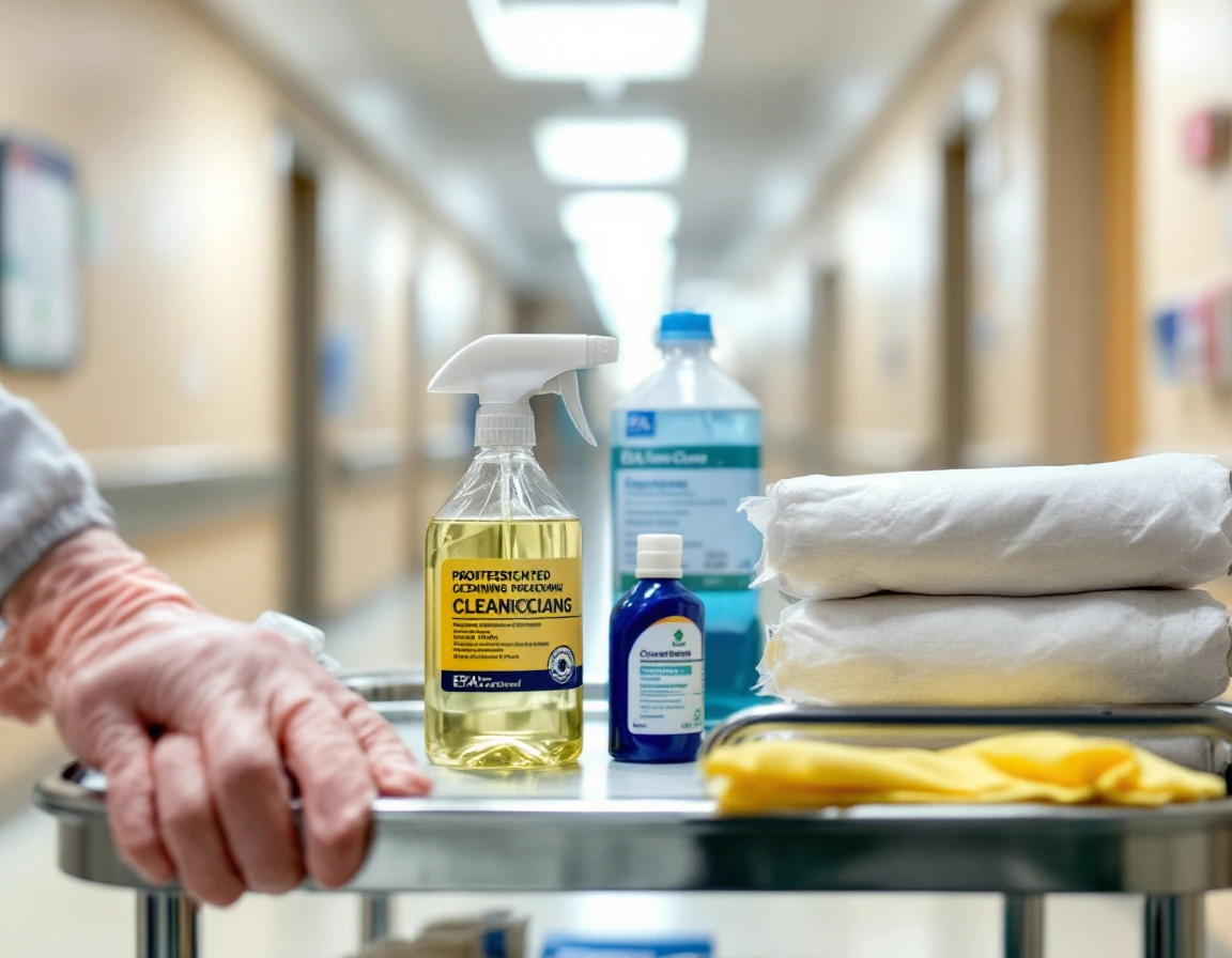 Professional disinfecting supplies and nitrile gloves arranged on medical cart in healthcare facility