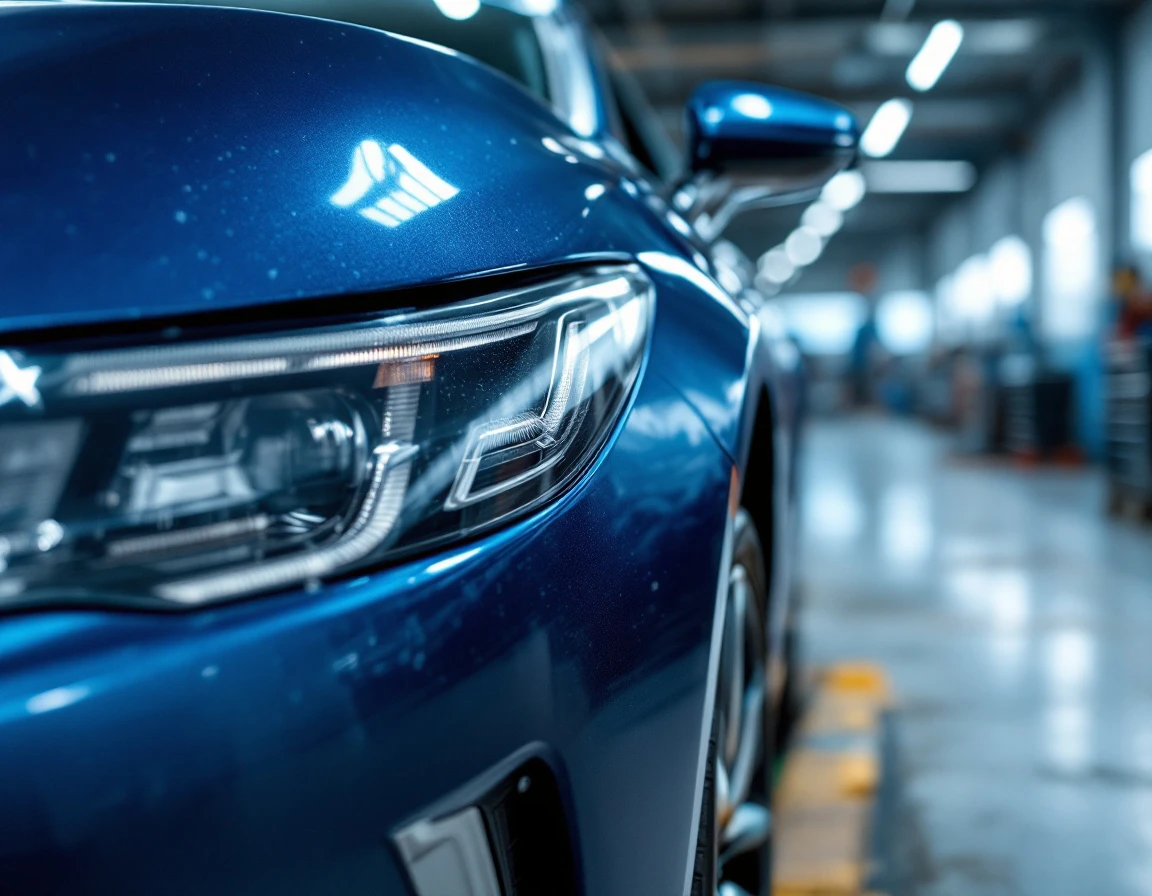 Luxury sedan front quarter panel in professional auto body shop with natural workshop lighting