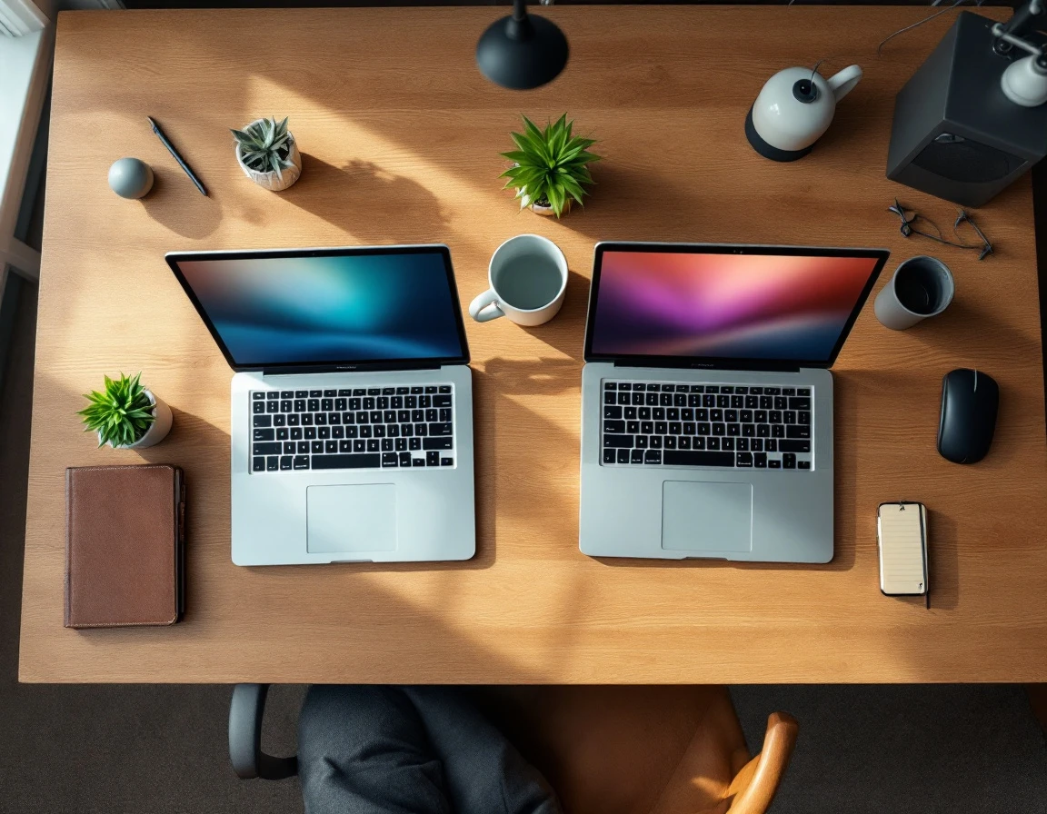 Overhead view of dual laptop workspace with coffee and plants on wooden desk