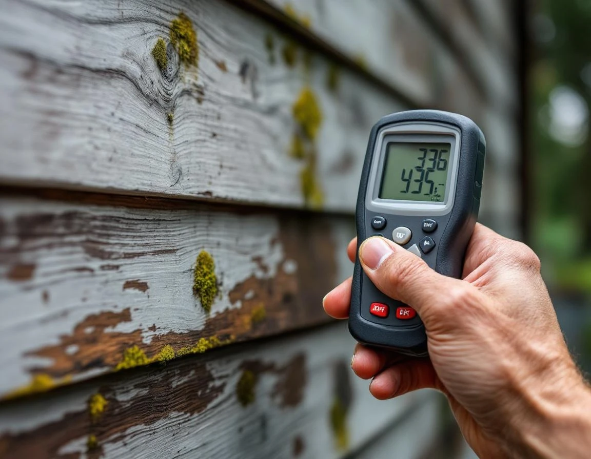 Moisture meter testing wood siding during professional home inspection with natural lighting