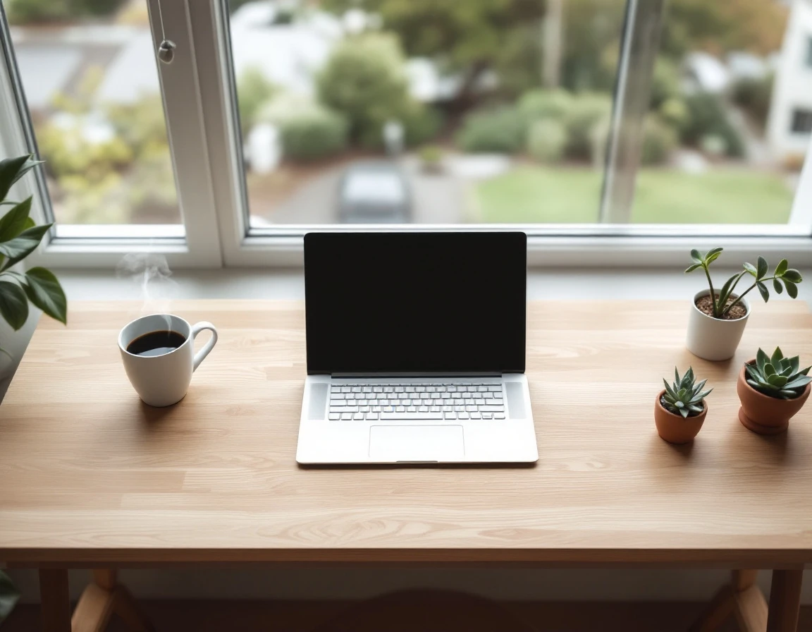 Clean real estate workspace with laptop and coffee during spring buying season
