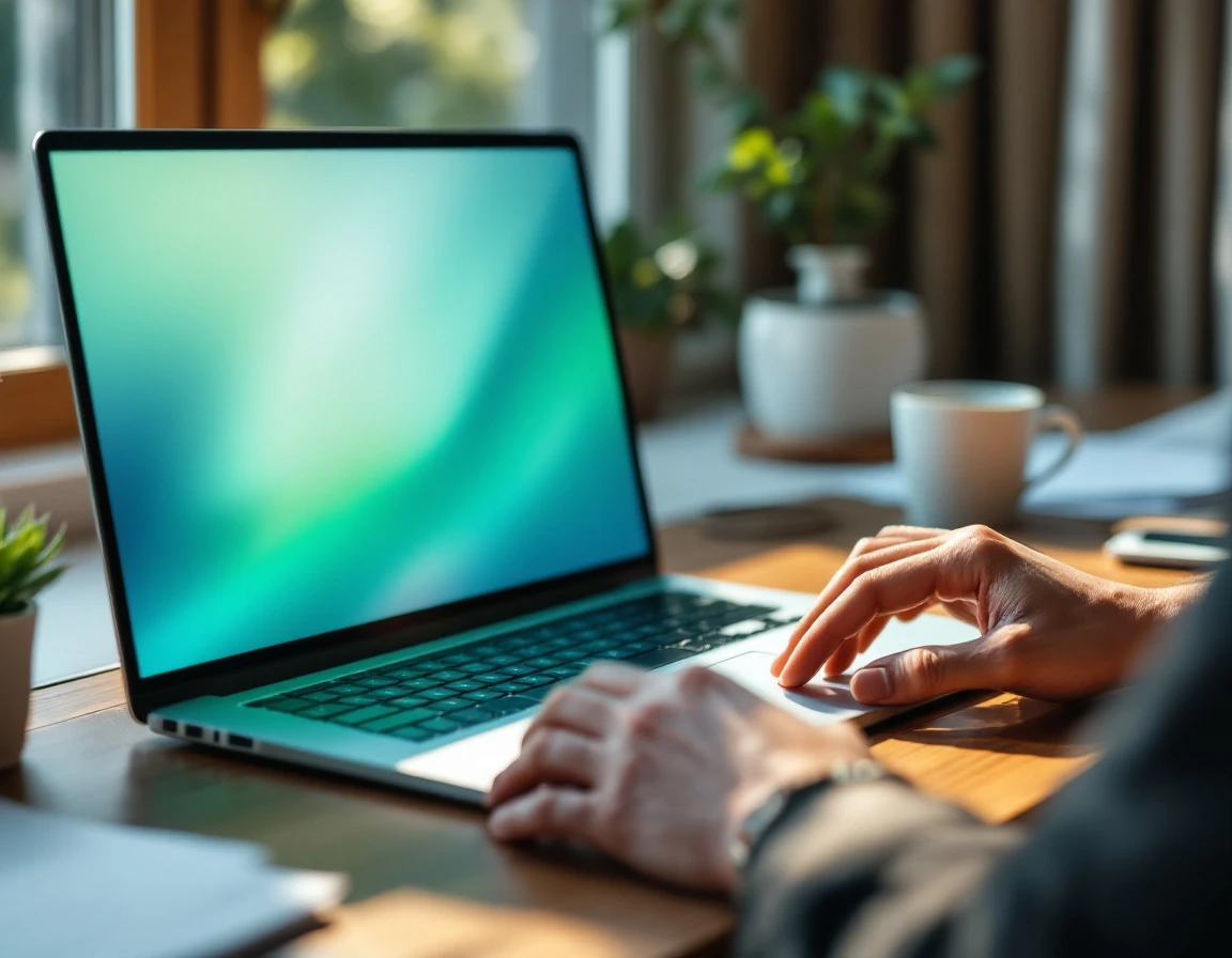 Modern workspace with laptop and blurred documents for analyzing publishing schedule data