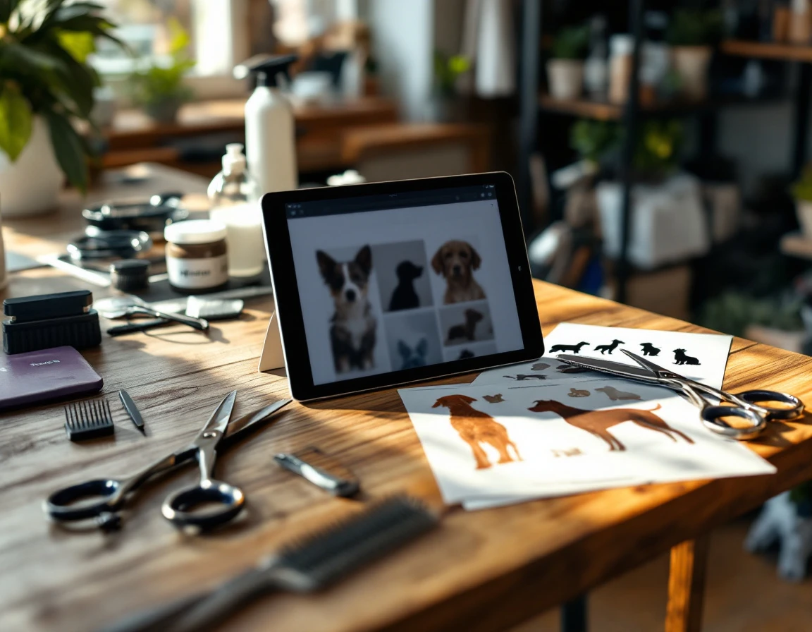 Professional grooming tools and reference materials arranged on wooden desk in natural window light