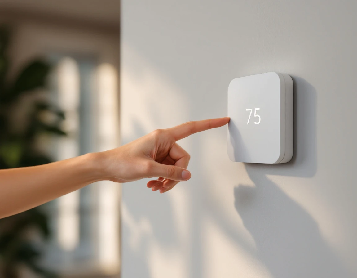 Hand naturally gesturing toward wall-mounted smart home control panel in modern residential interior