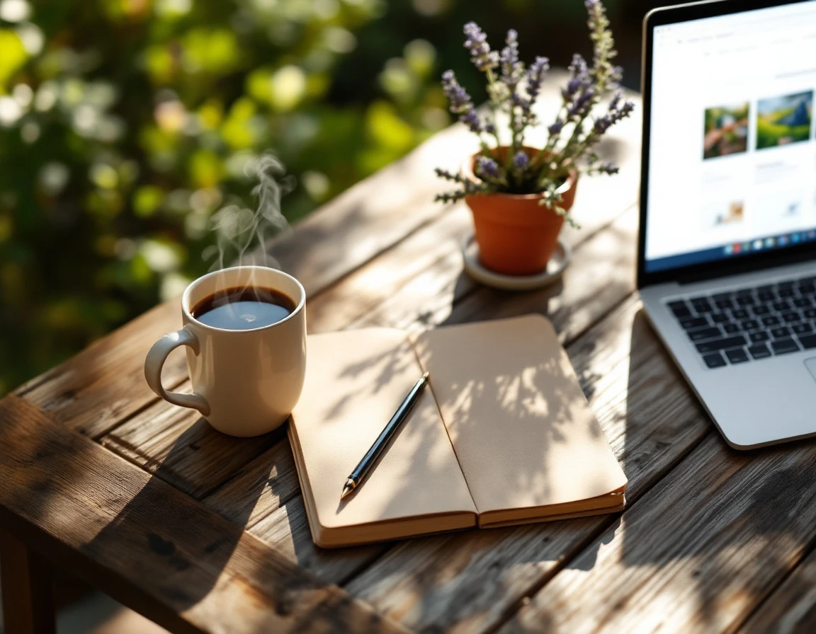 Outdoor workspace setup with laptop, coffee, and lavender plant on wooden desk in garden setting