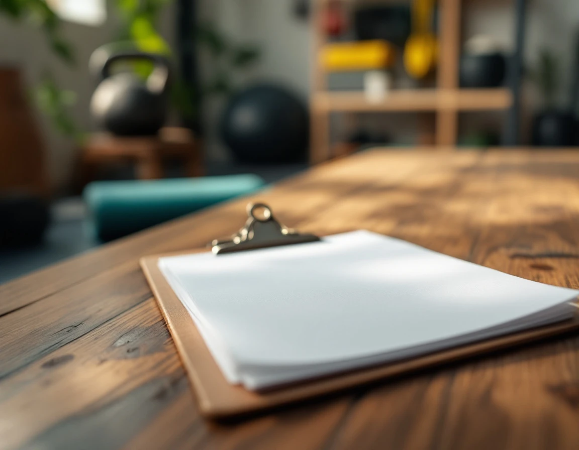 Clipboard with papers resting on wooden desk in fitness studio with gym equipment softly blurred in background