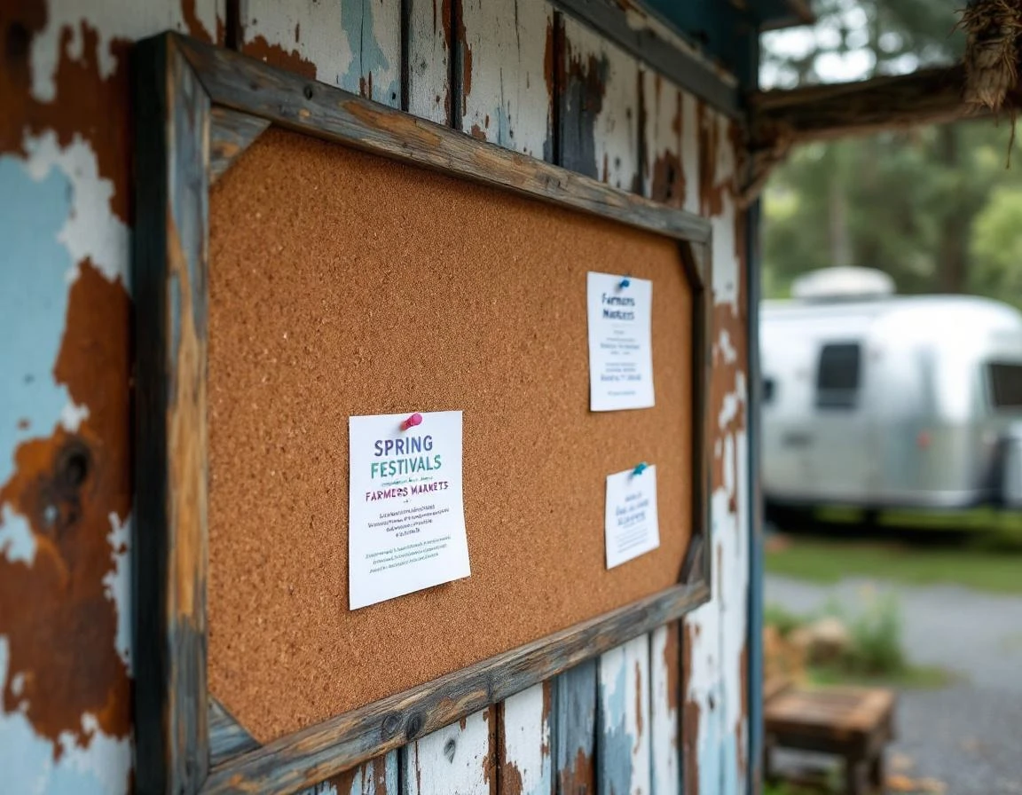 Cork bulletin board with spring event flyers at campground office entrance showing seasonal activity announcements