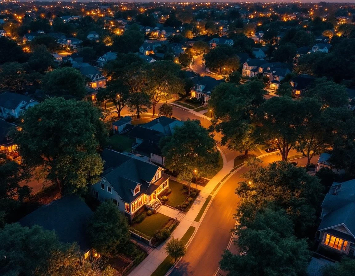 Aerial view of connected residential neighborhood streets illuminated by natural street lighting at dusk