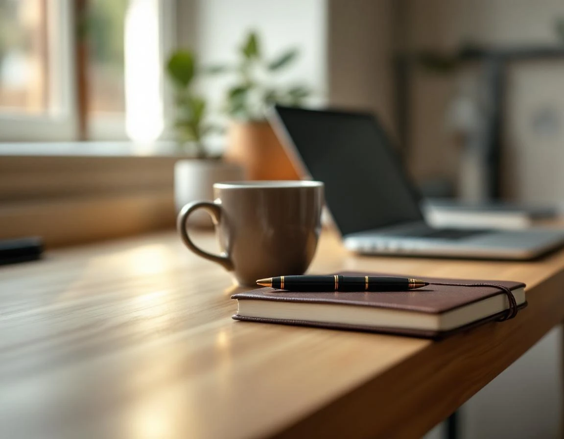 Home office desk with notebook and coffee mug, laptop blurred in background during morning keyword research session