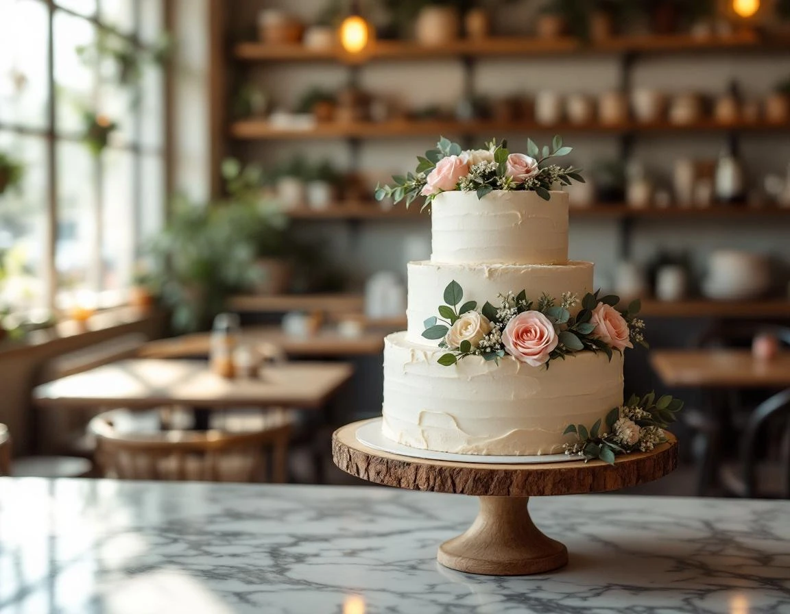 Custom wedding cake with handcrafted buttercream and fresh flowers in artisan bakery setting