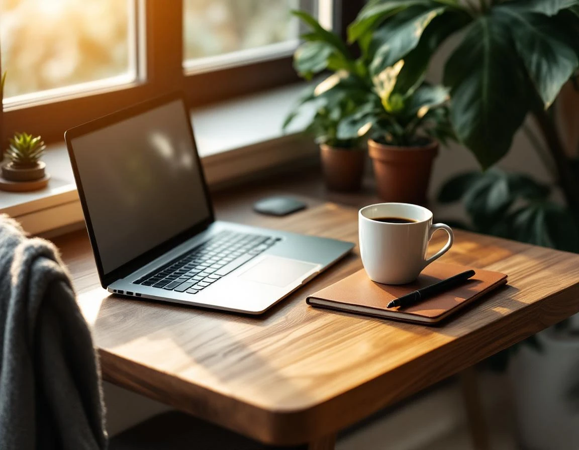 Developer workspace with closed laptop, coffee, and notebook on wooden desk beside window with natural morning light