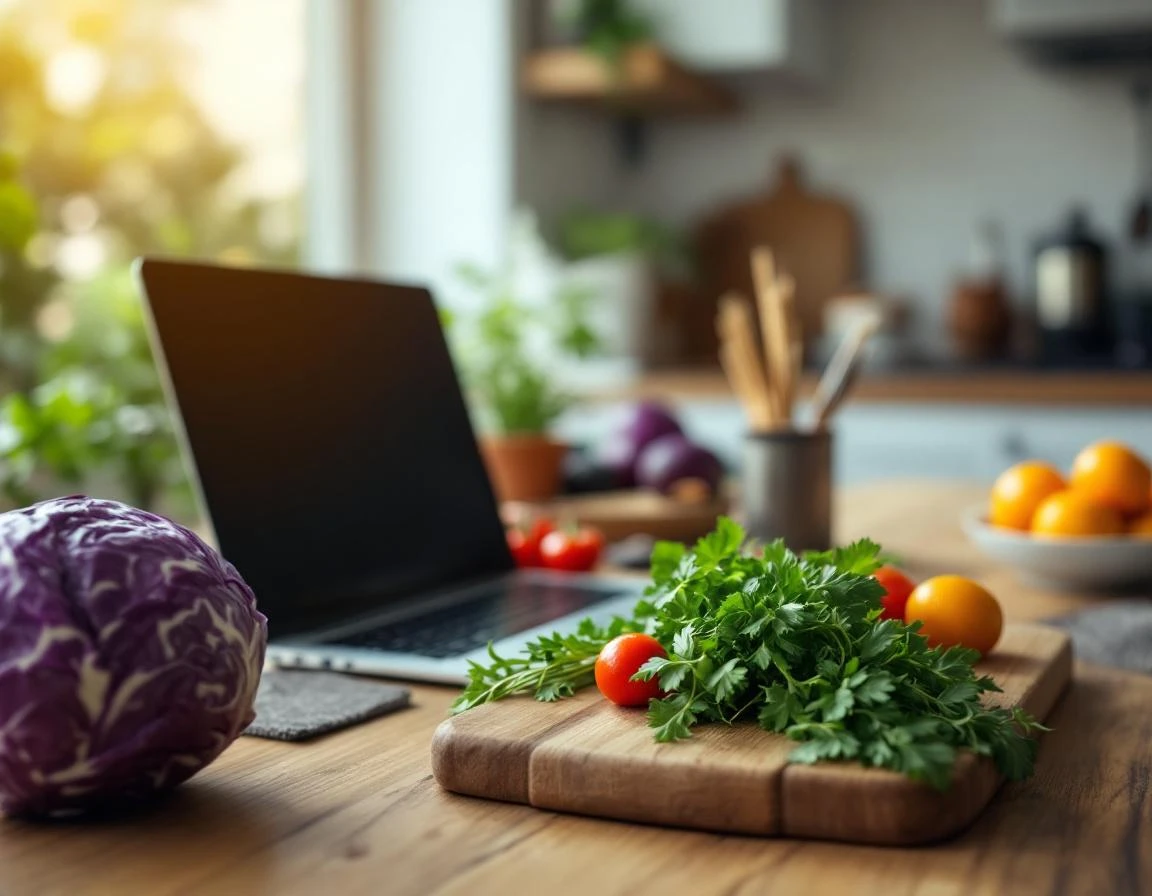 Fresh vegetables and herbs on cutting board with laptop in catering kitchen workspace