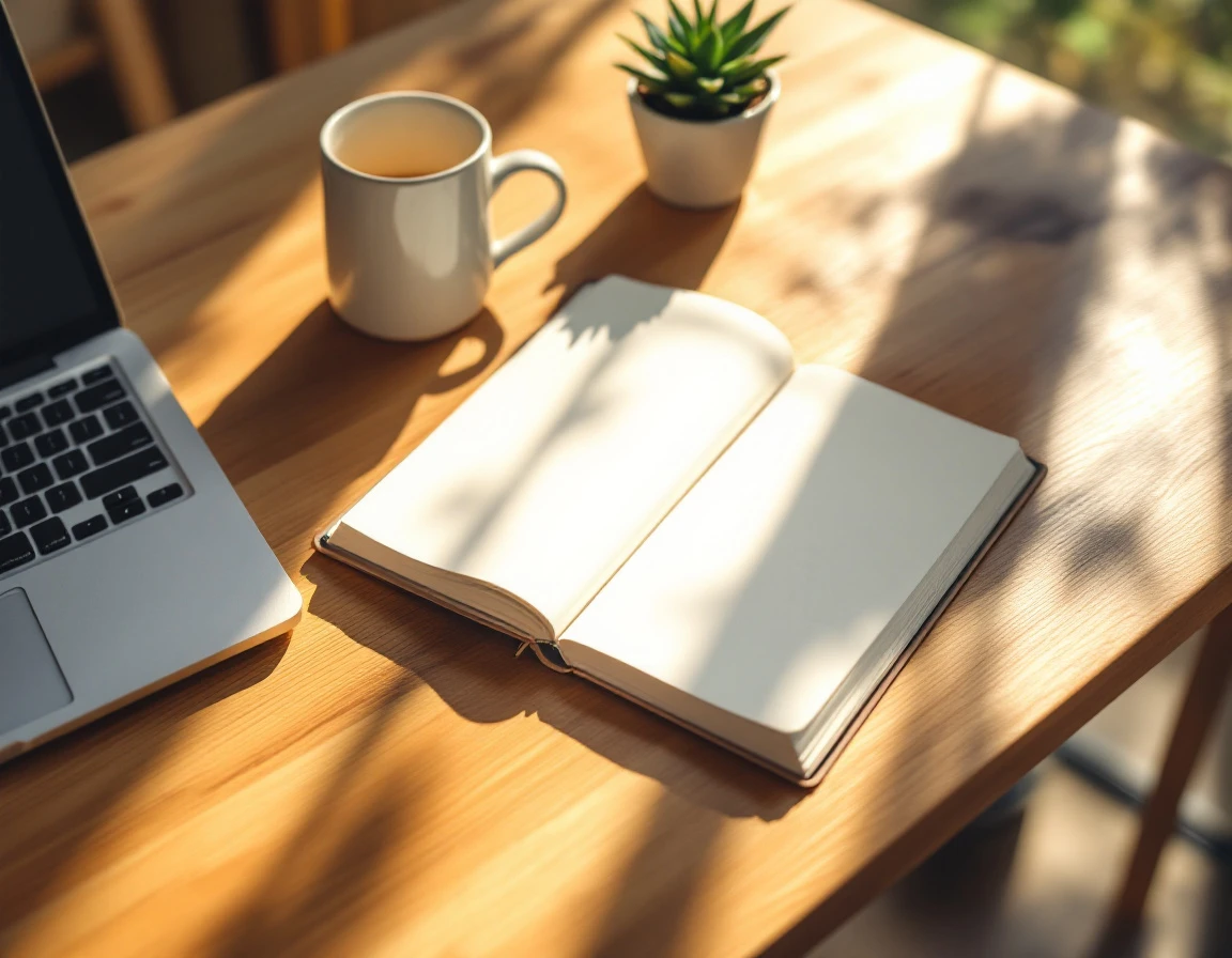 Blank planner on wooden desk with coffee and succulent plant in morning sunlight