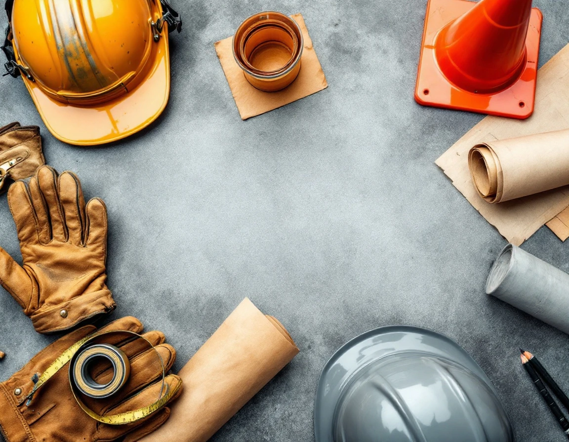 Overhead view of workplace safety equipment arranged on weathered concrete surface with natural lighting