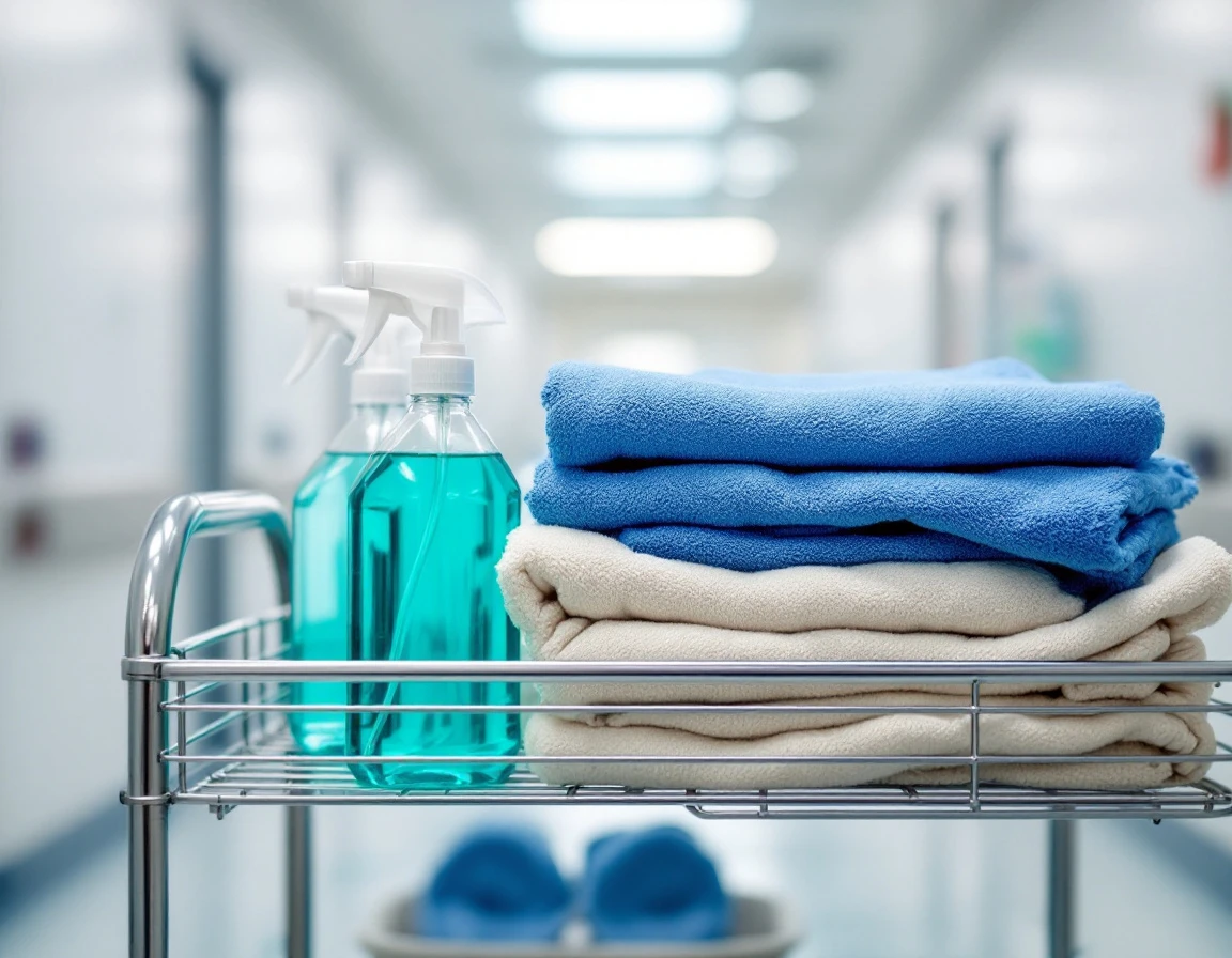 Hospital cleaning cart with folded towels and disinfectant bottles in brightly lit healthcare corridor