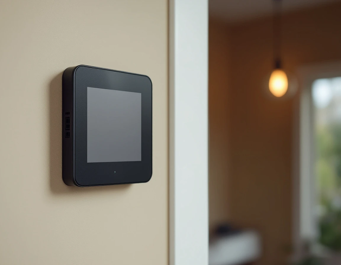 Wall-mounted smart security intercom with blank display showing professional installation and wire management