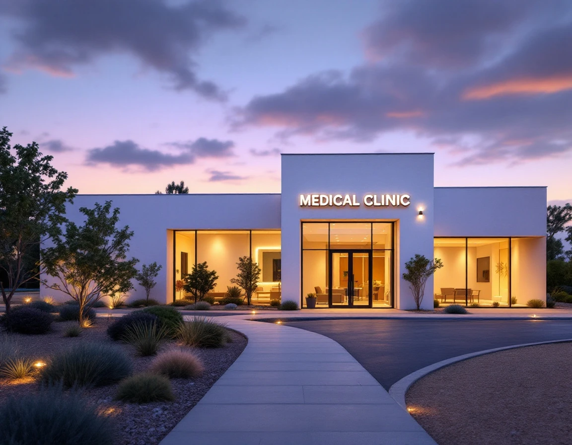 Modern medical clinic exterior at dusk with warm interior lighting visible through windows