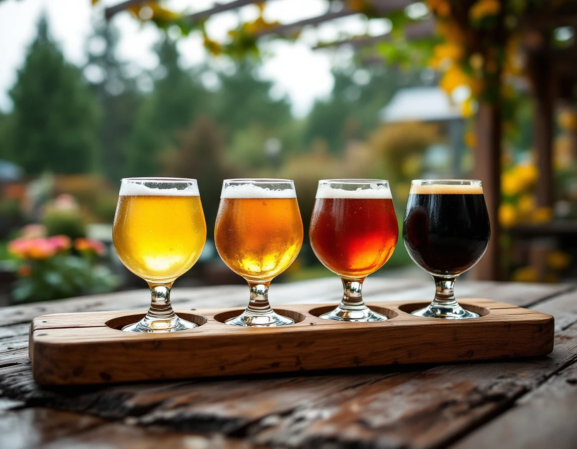 Beer flight arranged on brewery patio table showcasing variety of craft beer styles in natural afternoon light
