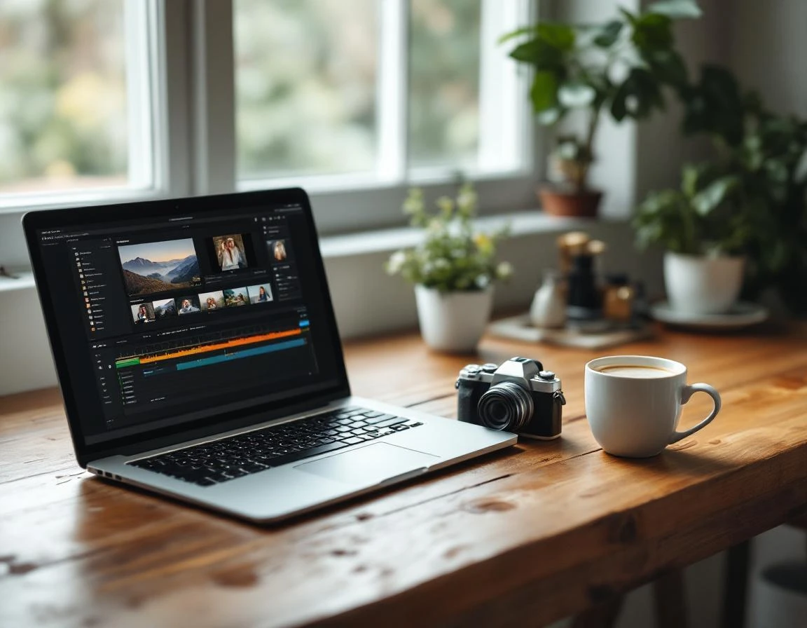 Wedding photographer's desk with laptop editing software, camera equipment, and coffee mug in natural window light