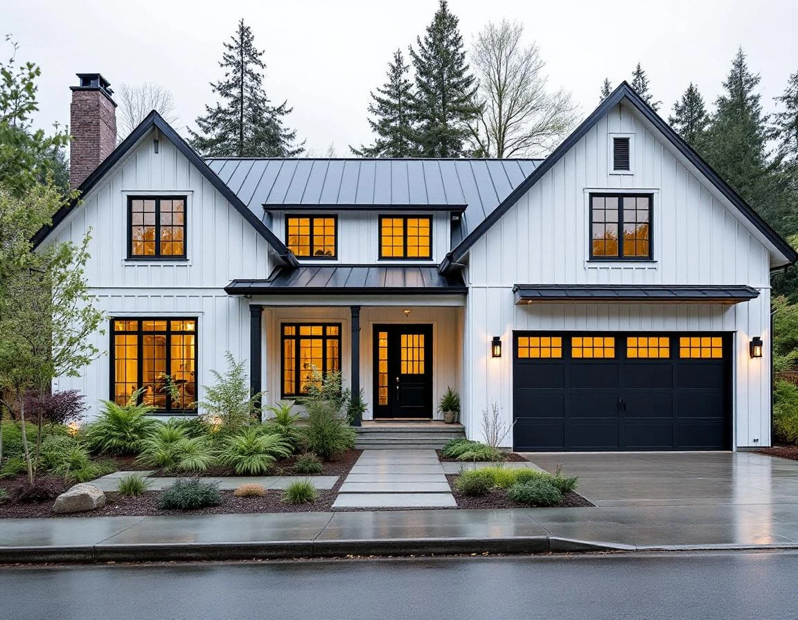 Modern farmhouse exterior with fiber cement siding and metal roof showing authentic material weathering
