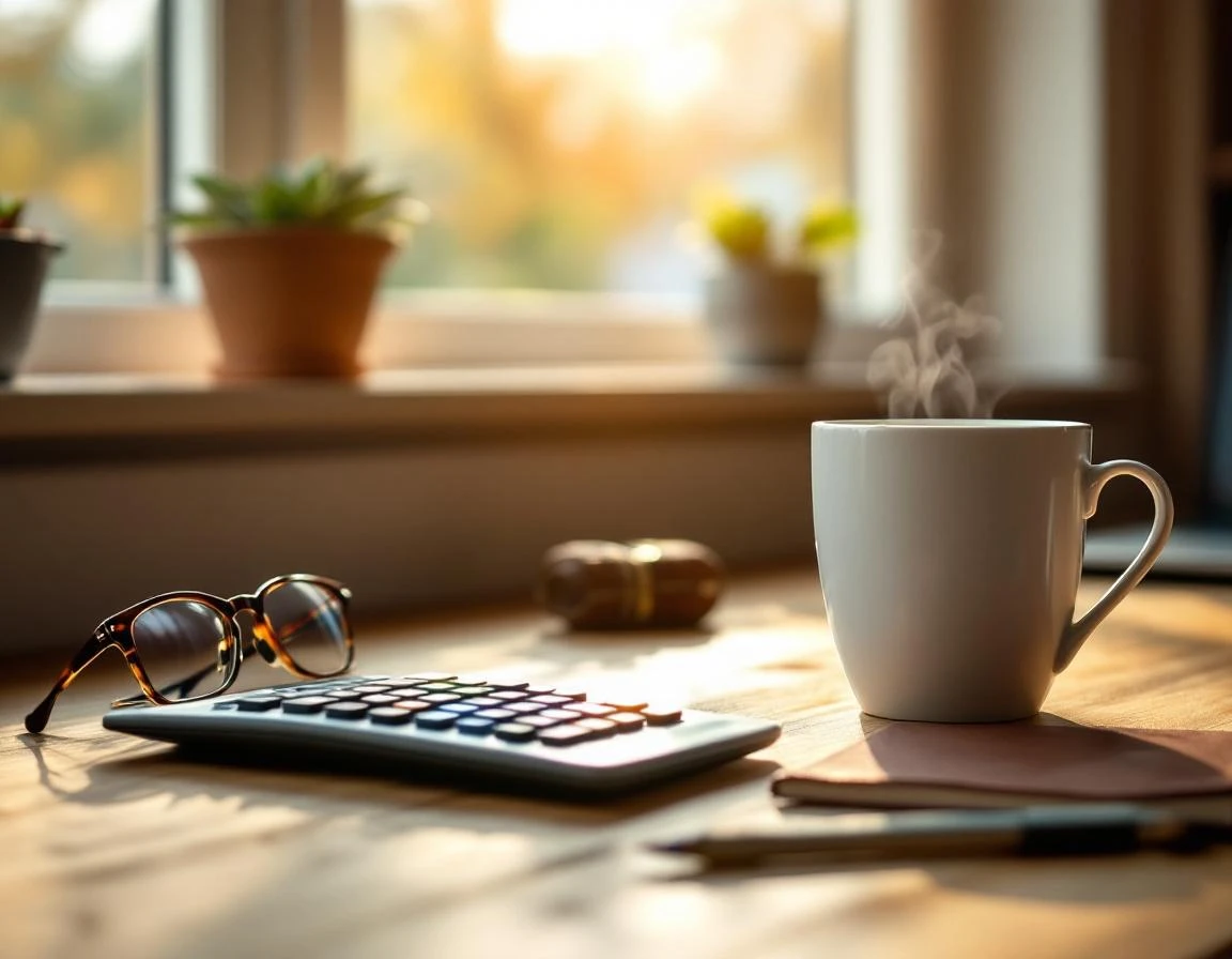 Calculator and coffee on wooden desk with morning sunlight, representing residential moving cost comparison decisions
