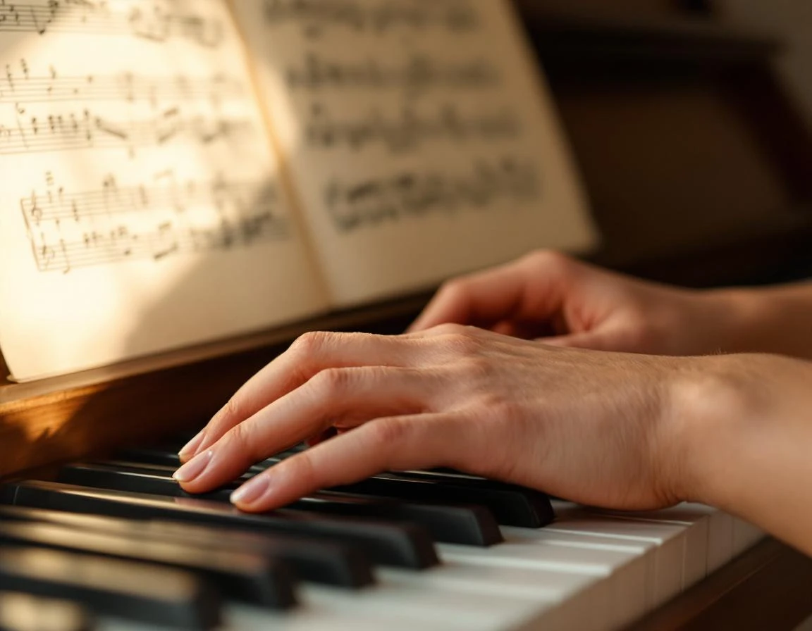 Young pianist's hands resting on piano keys with sheet music softly blurred in background